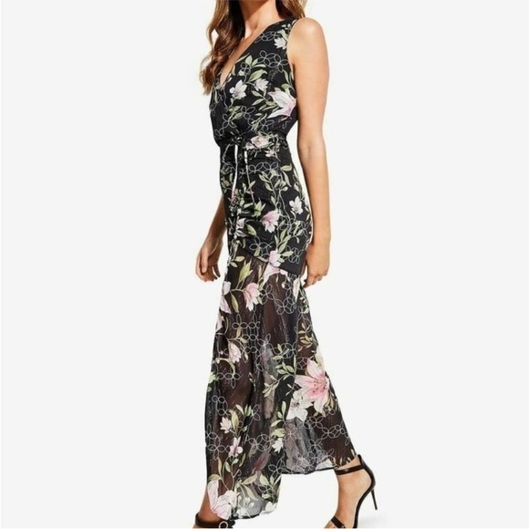Guess Black Floral Maxi Dress Nadira Metallic Sheer Sleeveless Size XL - Picture 12 of 16